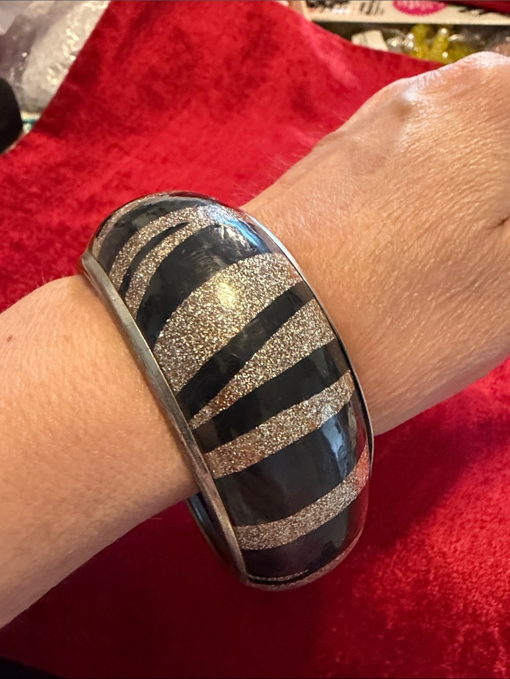 Vintage Black and Silver Glitter Zebra Stripe Resin Bangle Bracelet